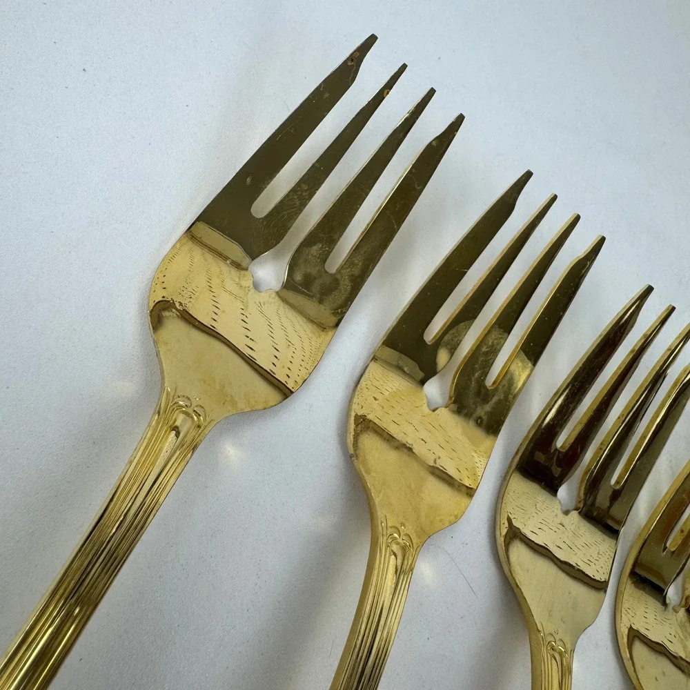 Vtg Royal Gallery Gold Plated Seafood Cocktail Forks Set 6 Japan Fluted Handle